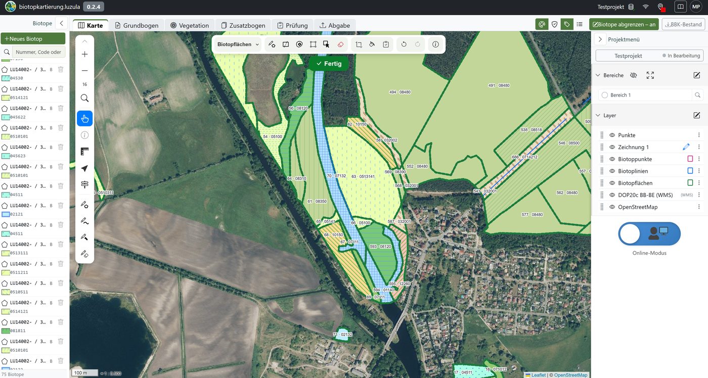 Arbeitsplatz der Biotopkartierung: Biotopliste, abgegrenzte Biotope im Luftbild und Ebenen